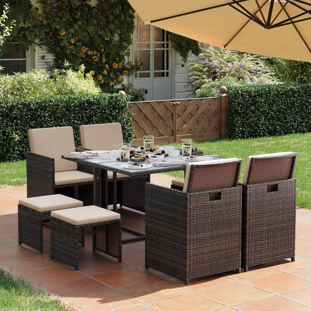 Garden Cube Rattan Furniture Set in a garden set up