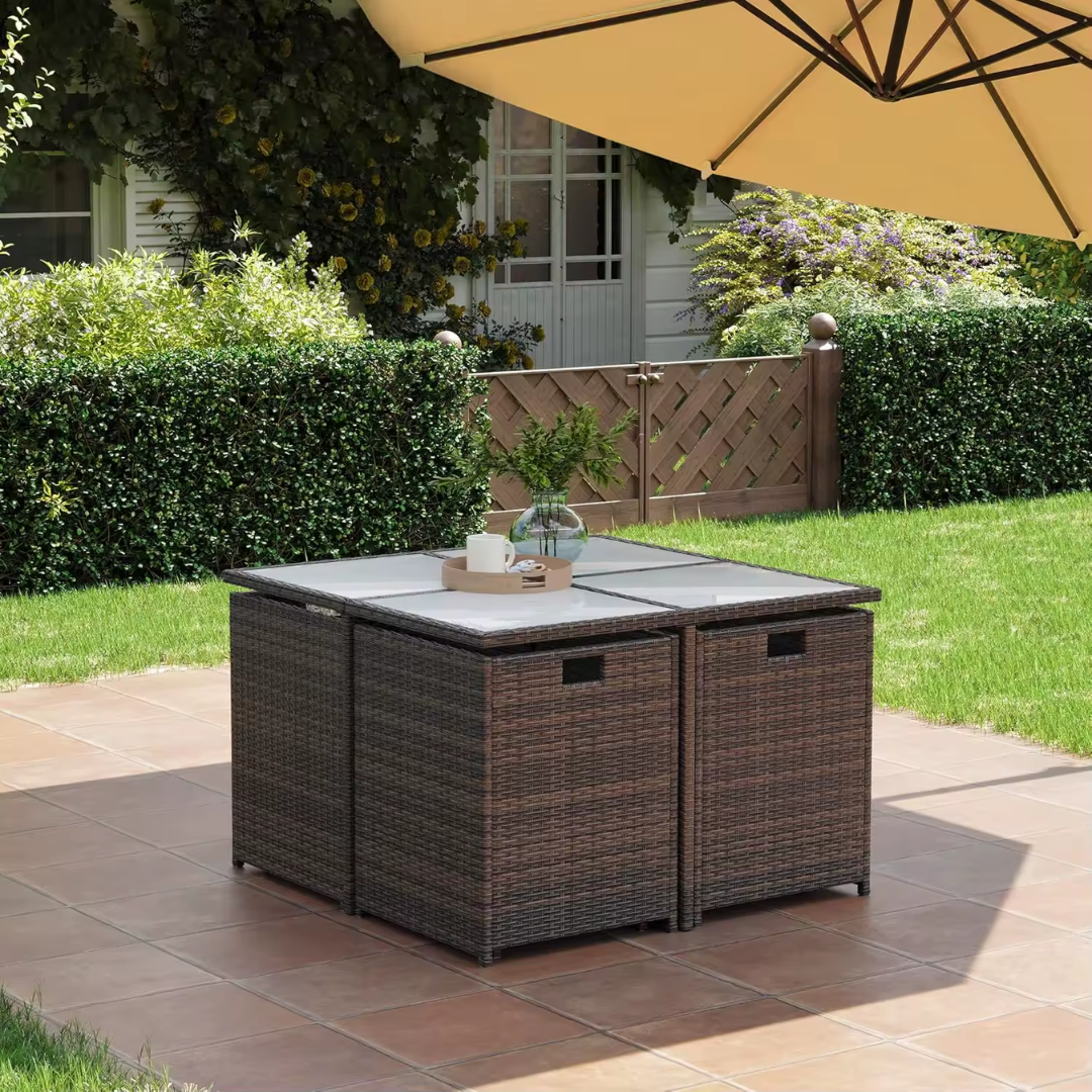 Garden Cube Rattan Furniture Set, tucked away making a perfect cube, in a garden background