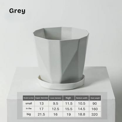 Geometric contemporary plant pots for modern garden styling, grey with dimensions