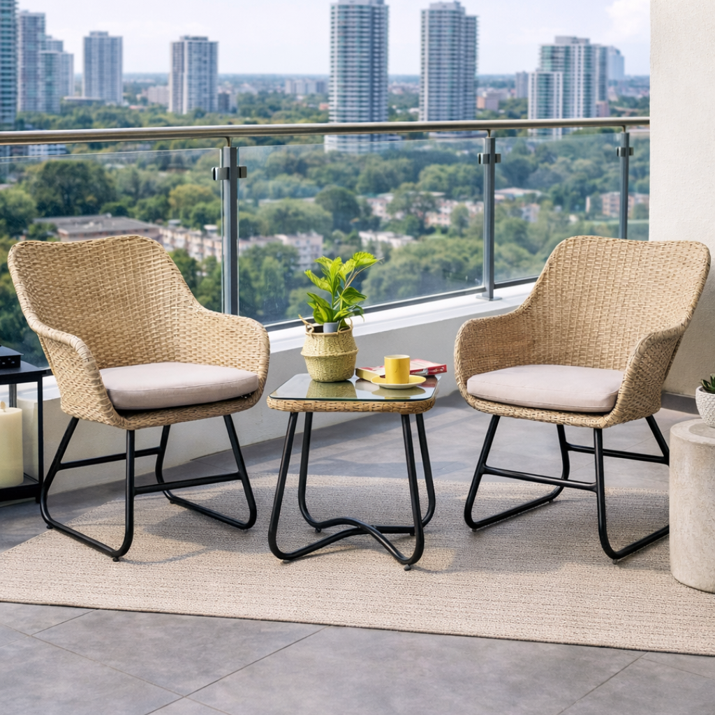 Two wicker chairs with cushions and a small table on a balcony with cityscape view.