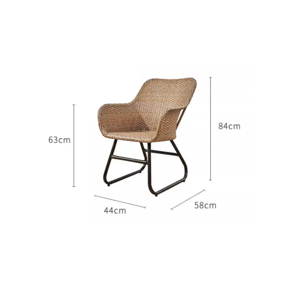 Woven chair with dimensions labeled on a white background