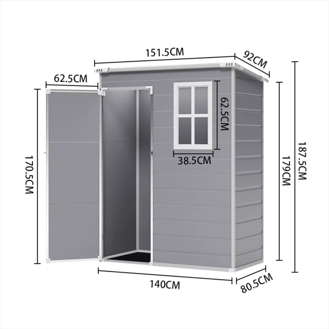 Space-saving garden shed with modern grey finish, left hand door, dimensions