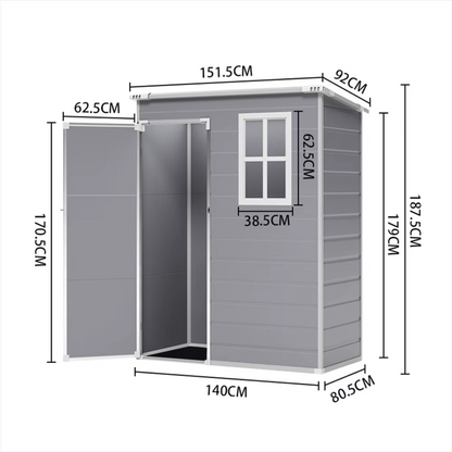 Space-saving garden shed with modern grey finish, left hand door, dimensions