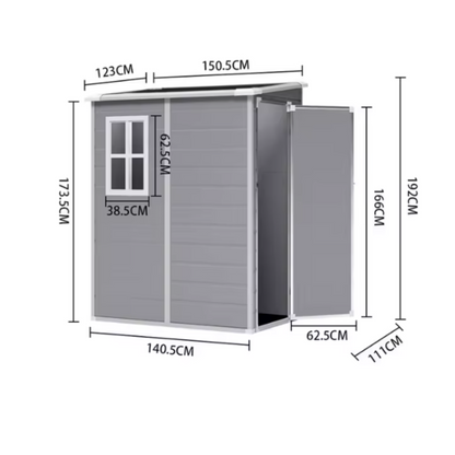 Space-saving garden shed with modern grey finish, side door, dimensions