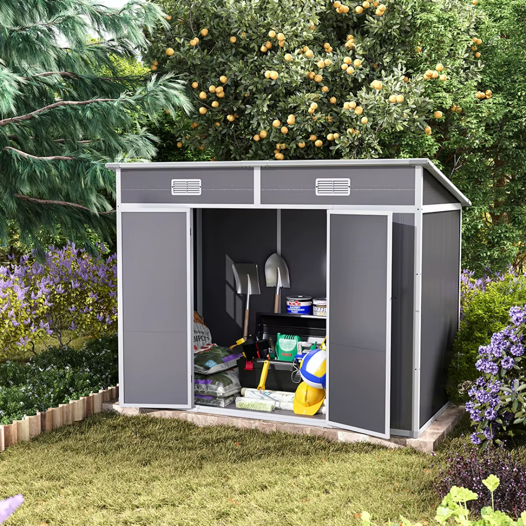 Low maintenance PVC garden shed with sloped roof, shows the shed open.