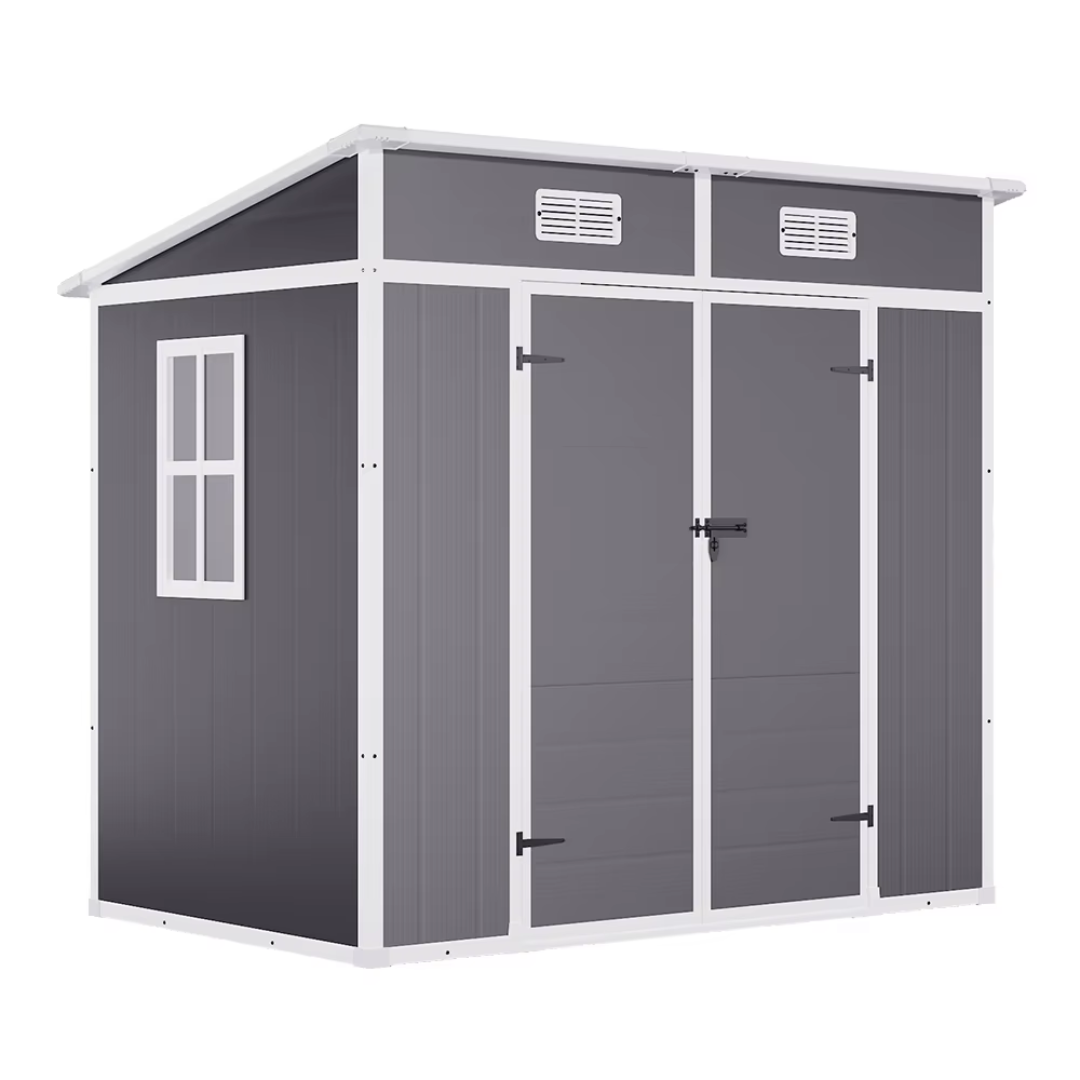 Low maintenance PVC garden shed with sloped roof, white background