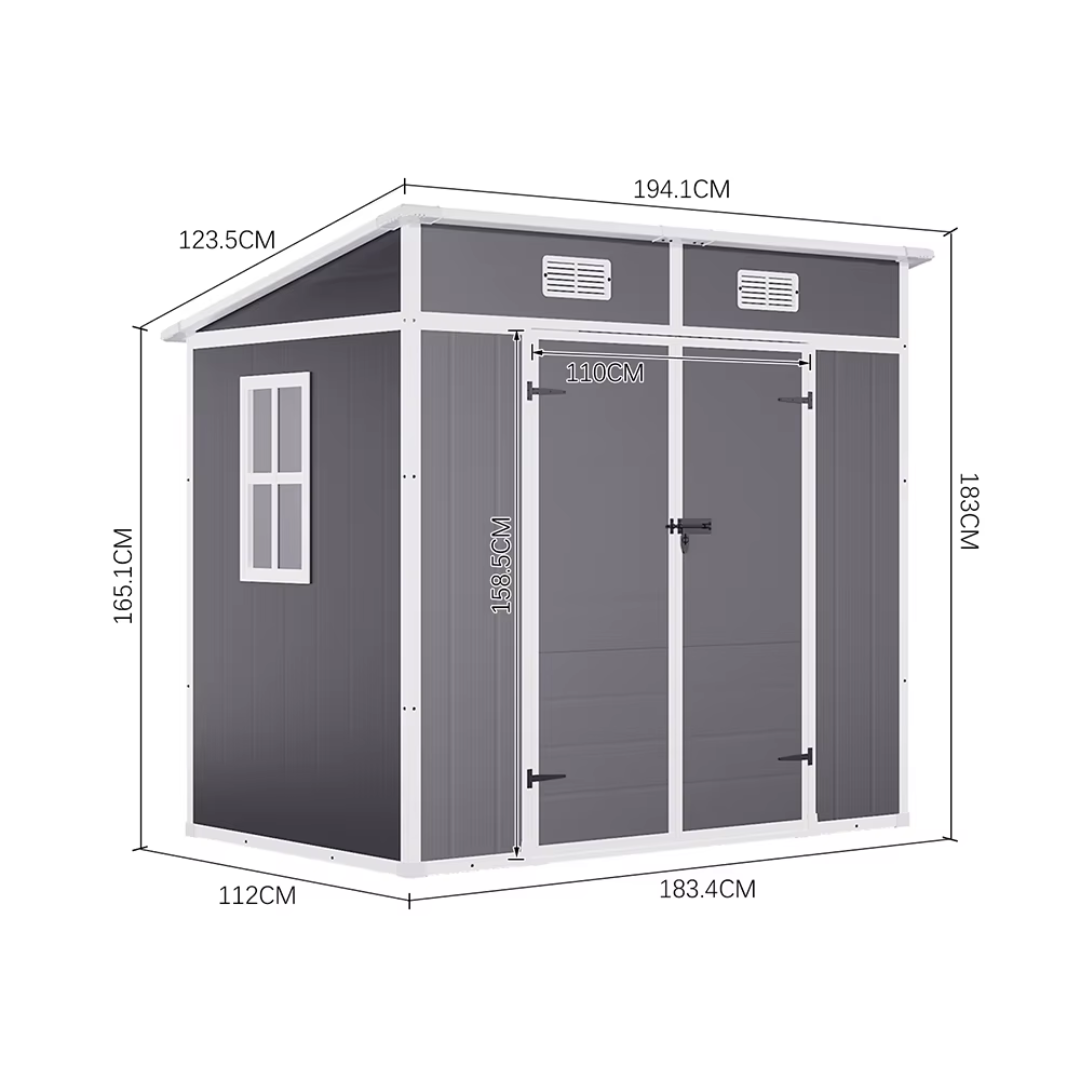 Low maintenance PVC garden shed with sloped roof, dimensions