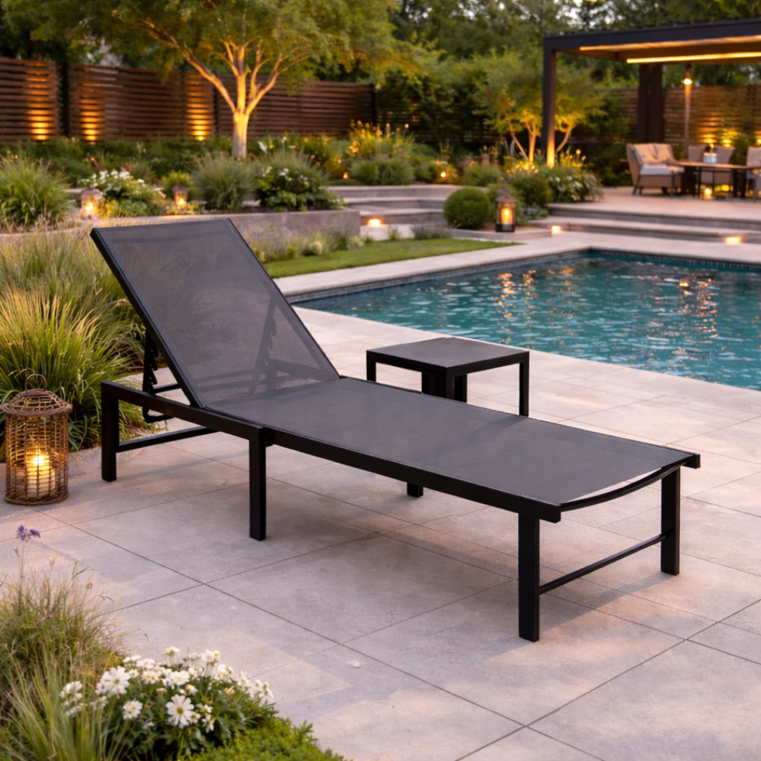 Black lounge chair by a pool with garden and lighting in the background