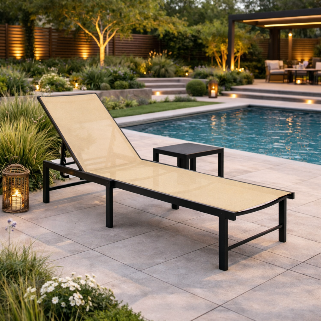 Beige lounge chair on a patio by a pool with garden and outdoor furniture in the background