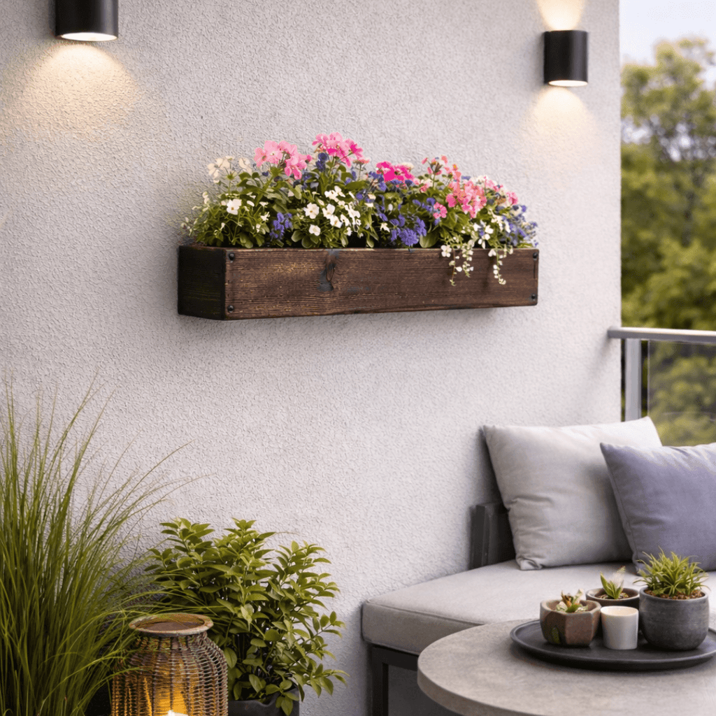 Wall-mounted flower box with flowers on a patio with a sofa and plants.