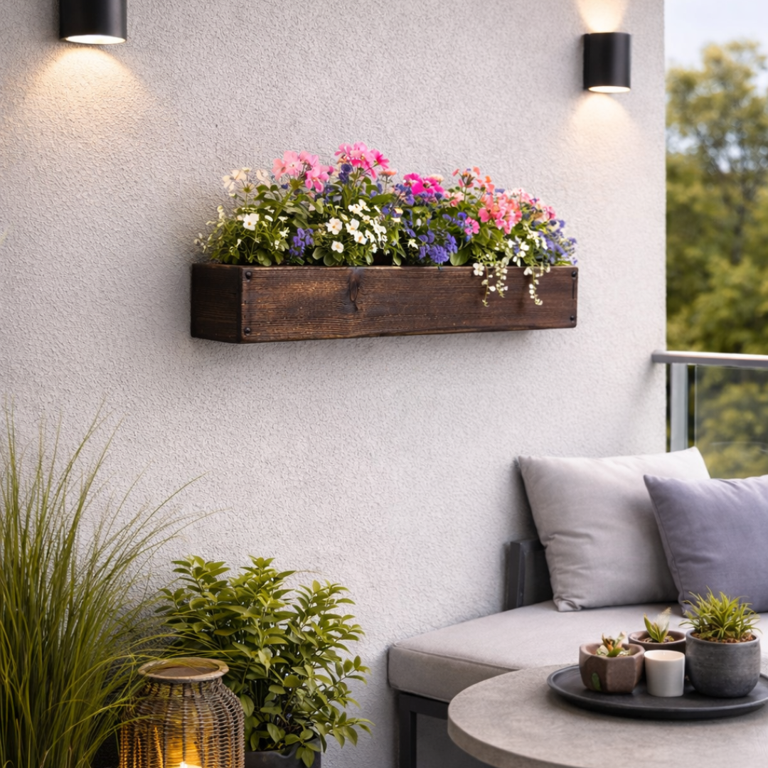 Wall-mounted flower box with flowers on a patio with a sofa and plants.