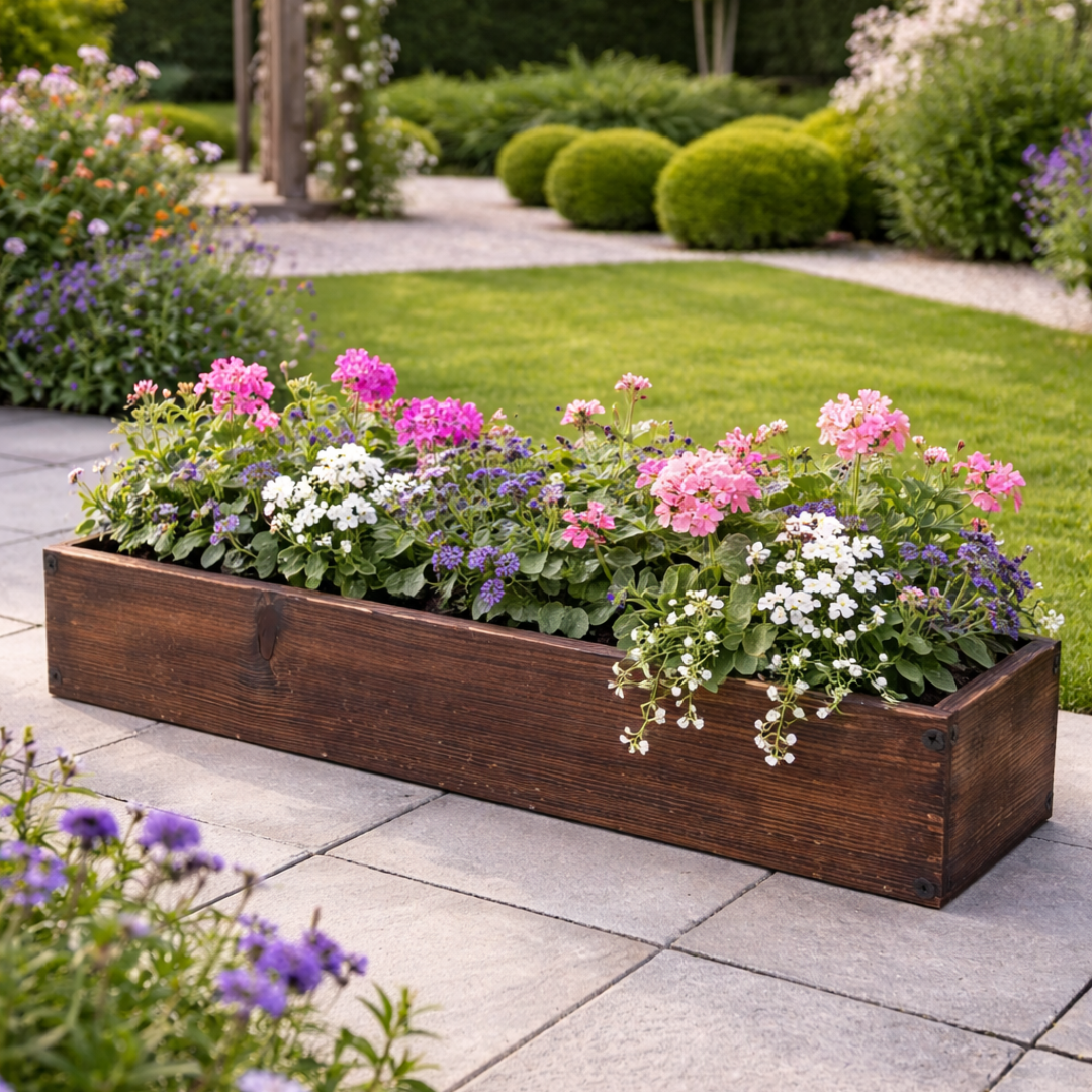 Wooden planter box with colorful flowers on a patio