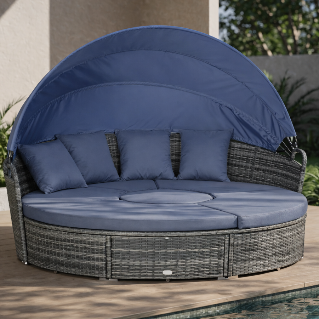 Outdoor patio daybed with canopy and blue cushions by a poolside.