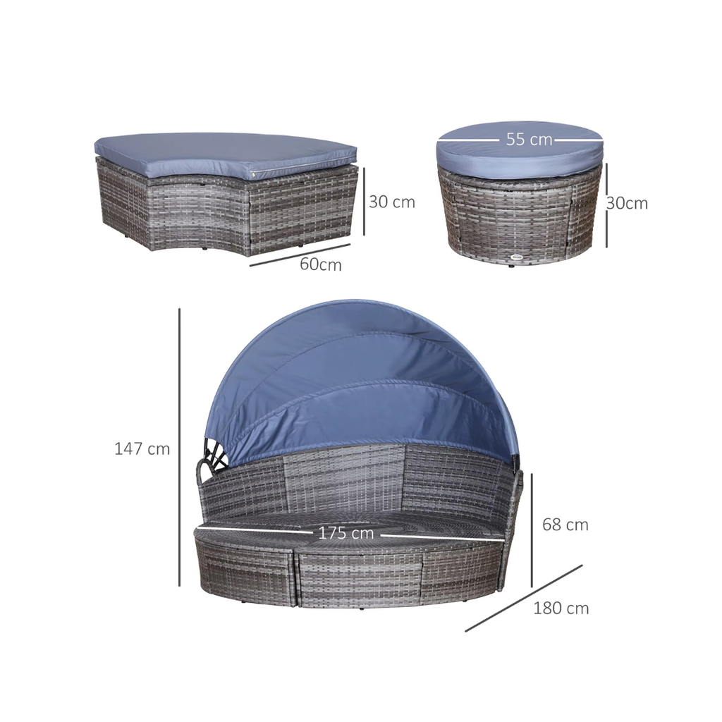 Outdoor furniture set with blue cushions and dimensions on a white background