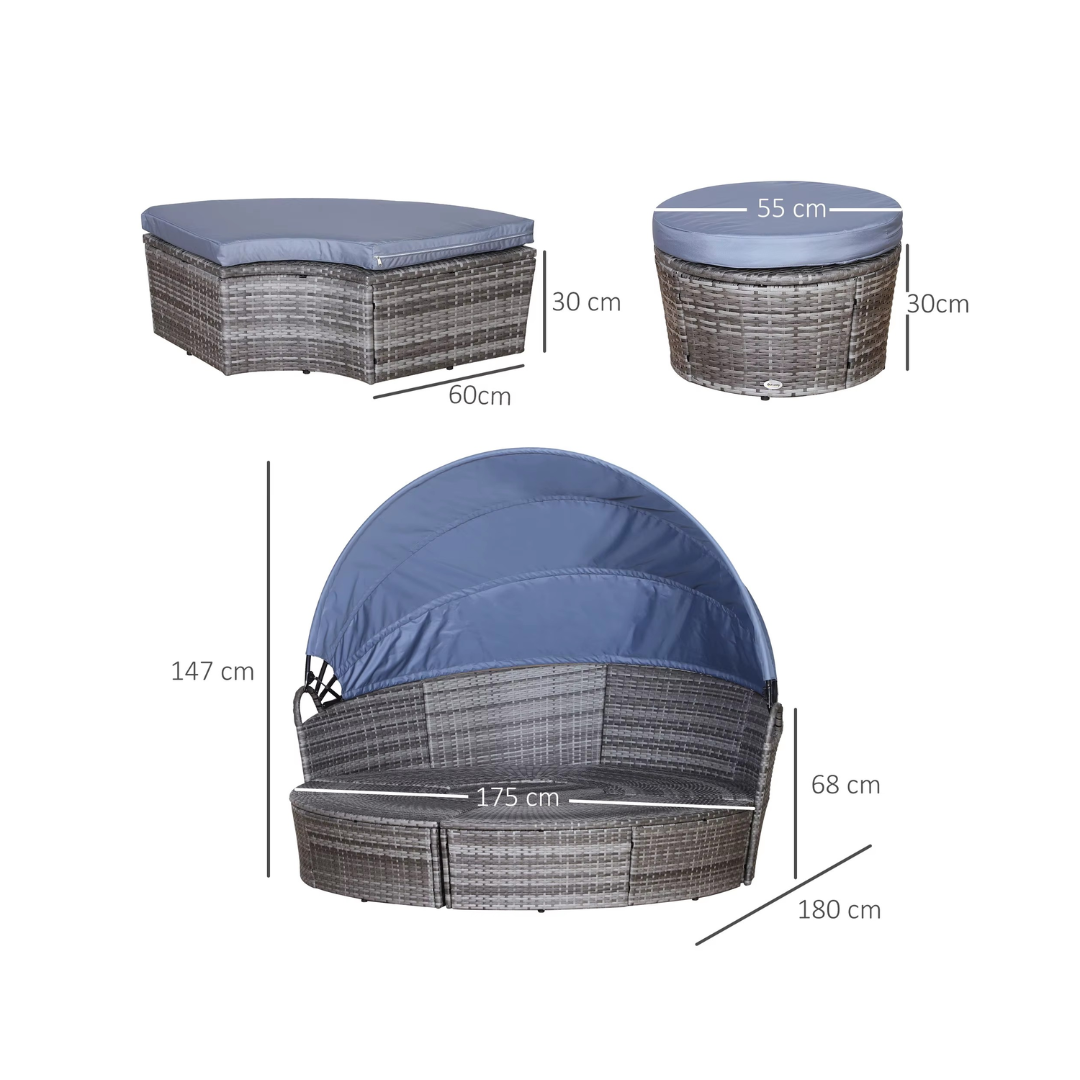 Outdoor furniture set with blue cushions and dimensions on a white background