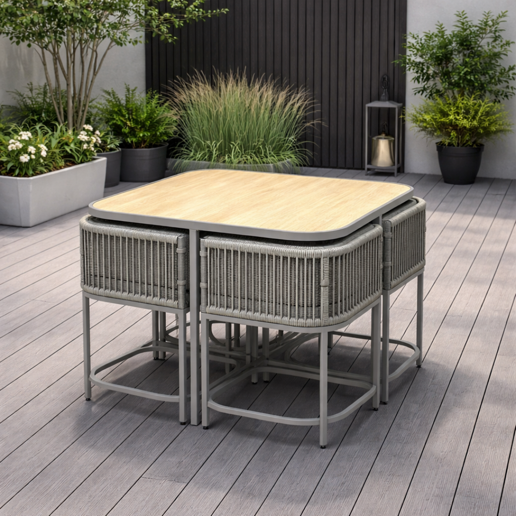 Outdoor patio set with a square table and chairs on a wooden deck.