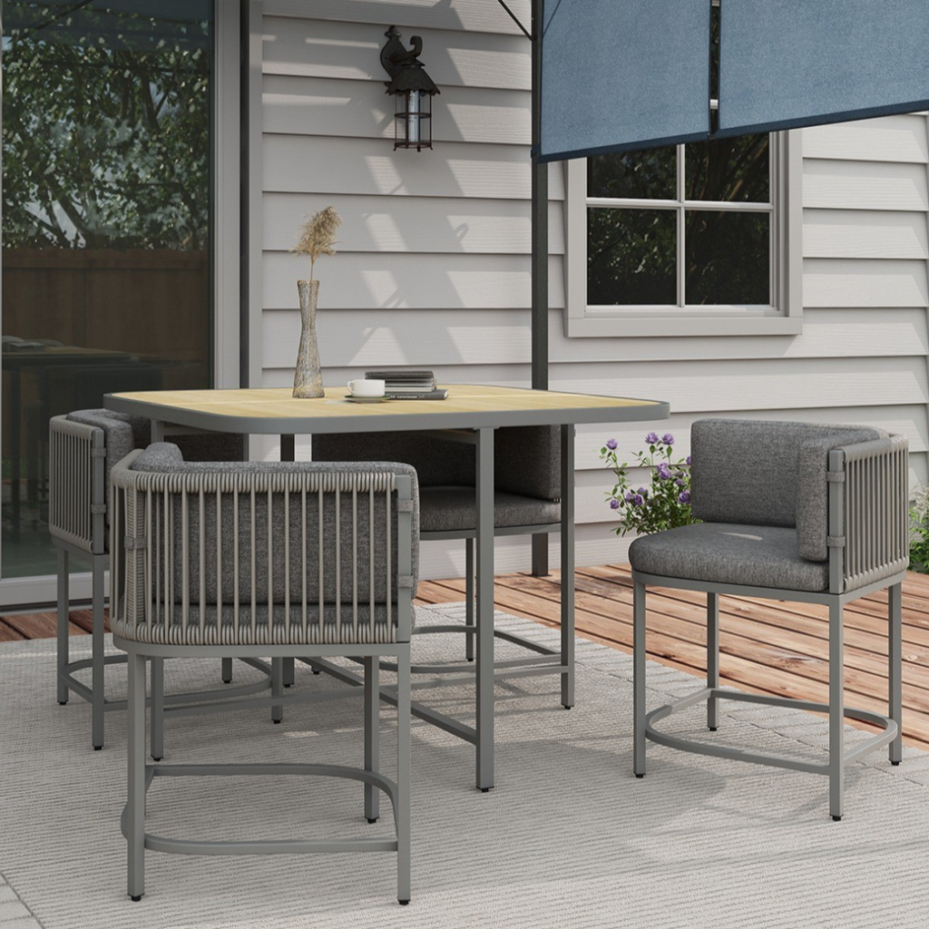 Outdoor dining set with table and chairs on a patio