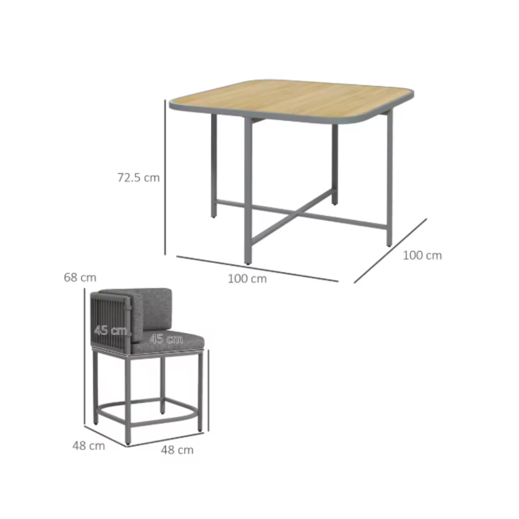 Table and chair with dimensions on a white background