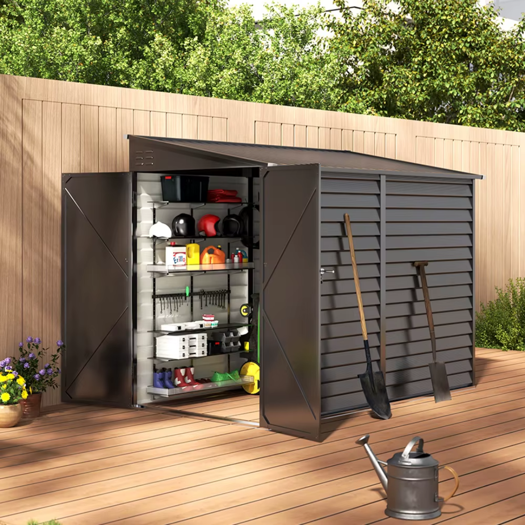 Lean-to black shed positioned against garden wall, image shows our shed leaning up neatly against a garden fence