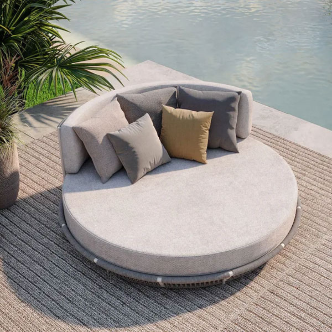 Luxury Braid & Rope Outdoor Daybed with deep cushions, outdoor background, birds eye view