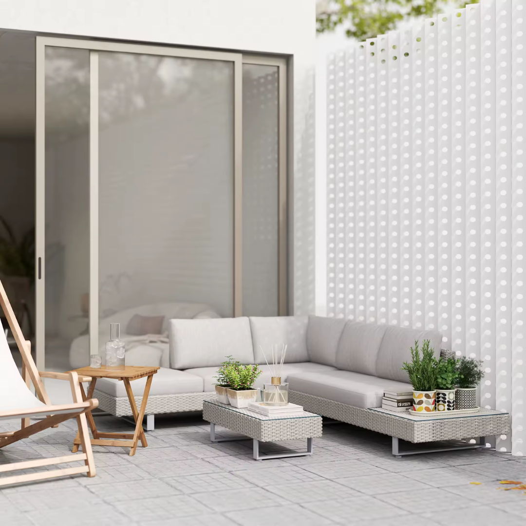 Luxury Grey Rattan Corner Sofa For Garden, in a modern outdoor setting