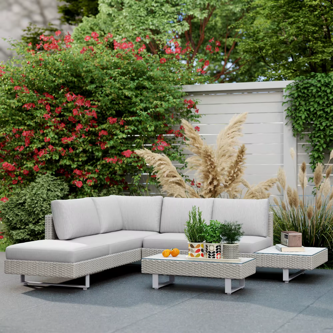 Luxury Grey Rattan Corner Sofa For Garden, in a modern natural outdoor setting