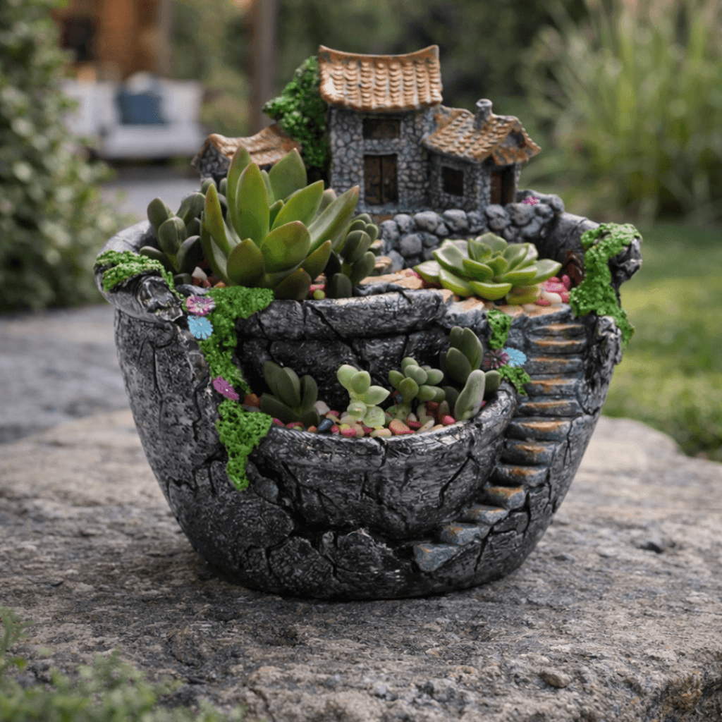 Decorative pot with miniature house and succulents on a stone surface