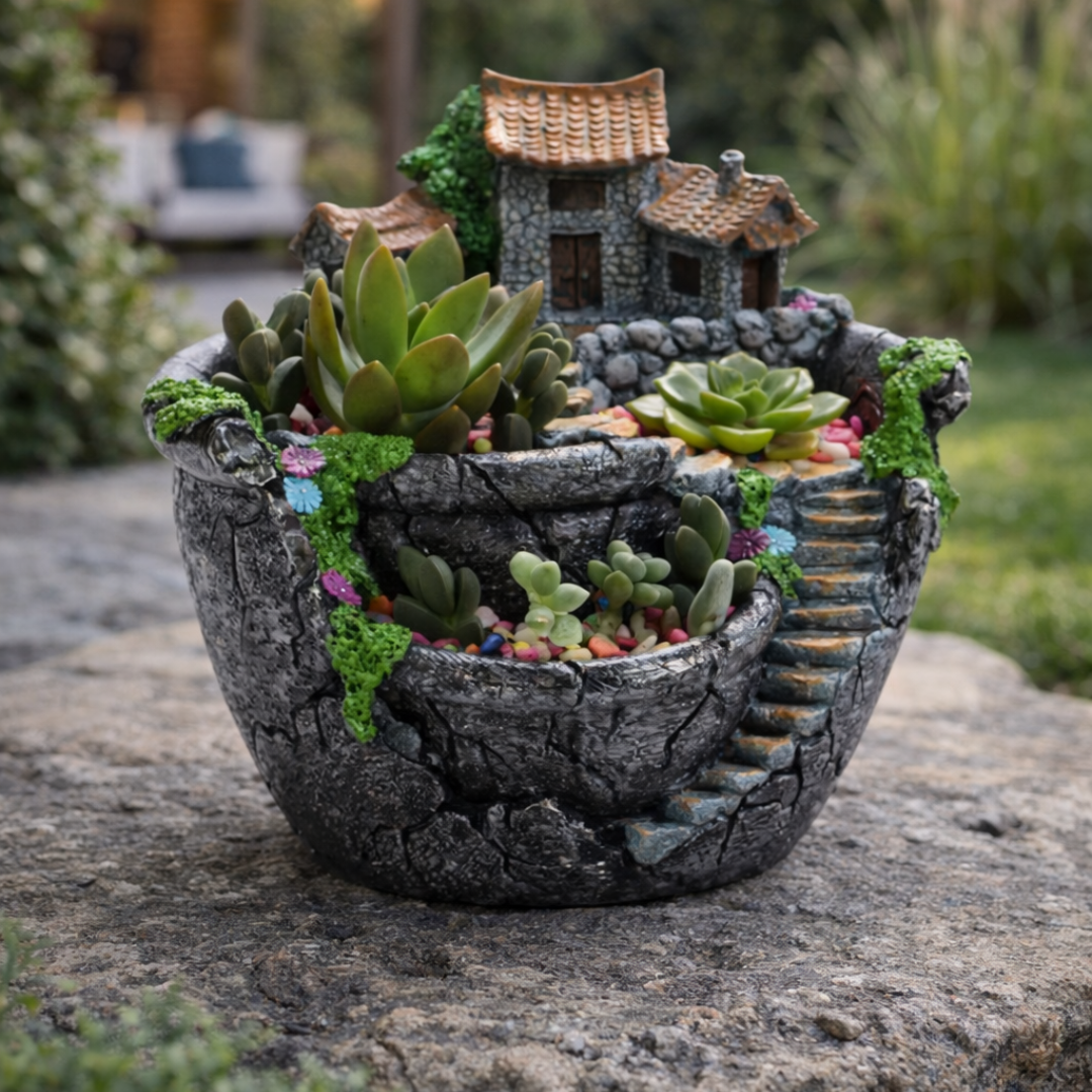 Decorative pot with miniature house and succulents on a stone surface