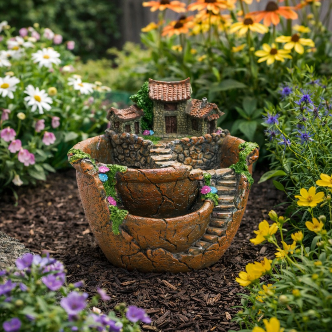 Miniature fairy village scene in a decorative pot surrounded by flowers