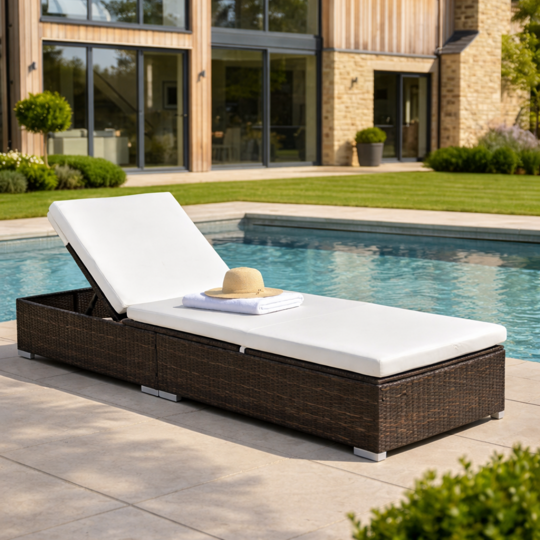 White cushioned lounge chair with a straw hat and towel by a poolside.