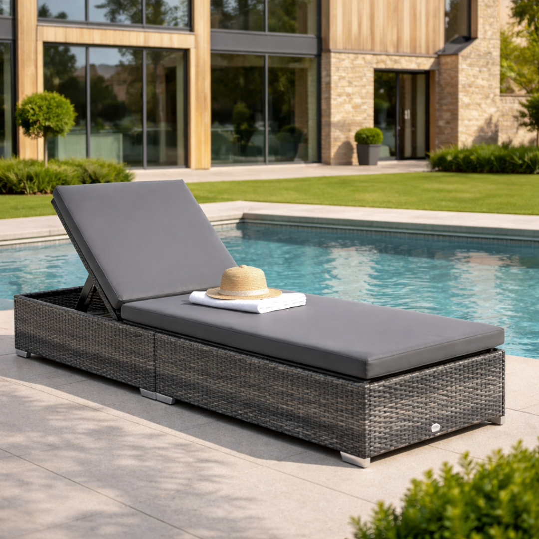 Gray outdoor lounge chair with cushions by a poolside.
