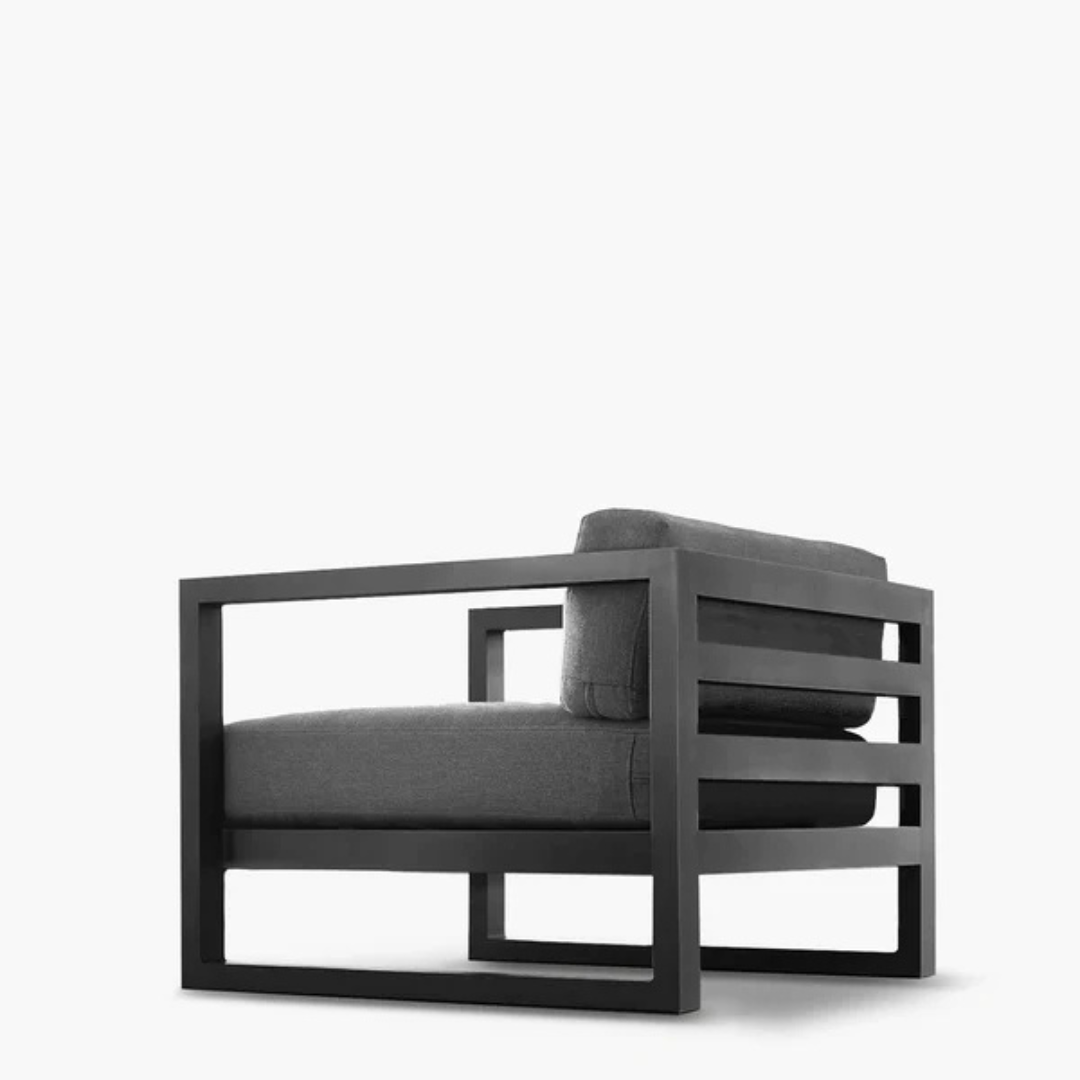 Modern aluminium garden armchair for stylish seating, angled back view