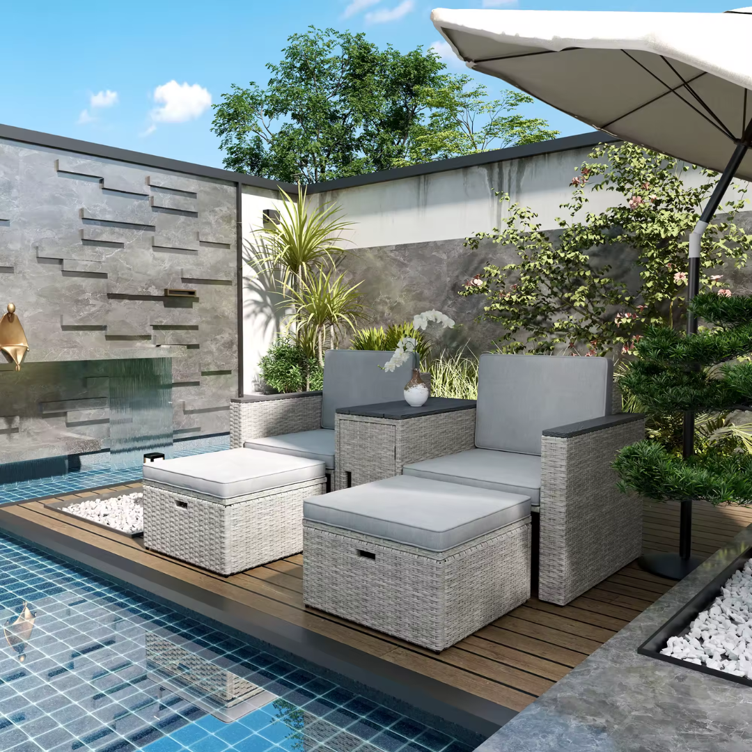Modern light grey rattan garden set with storage, in a modern garden set up.