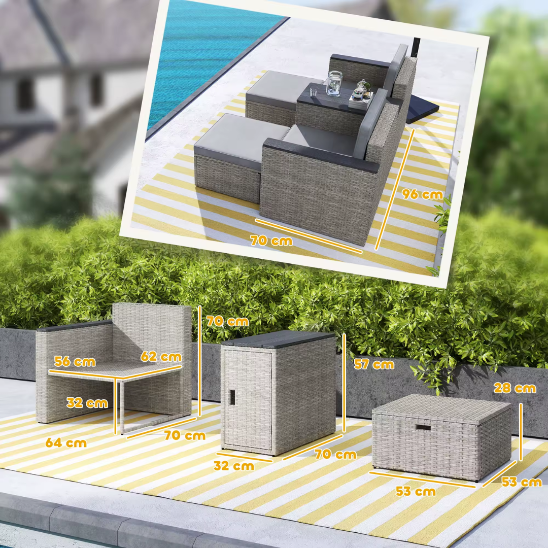 Modern light grey rattan garden set with storage, Dimensions
