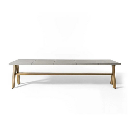 Contemporary outdoor dining table with matching benches, Front view, dining table, white background