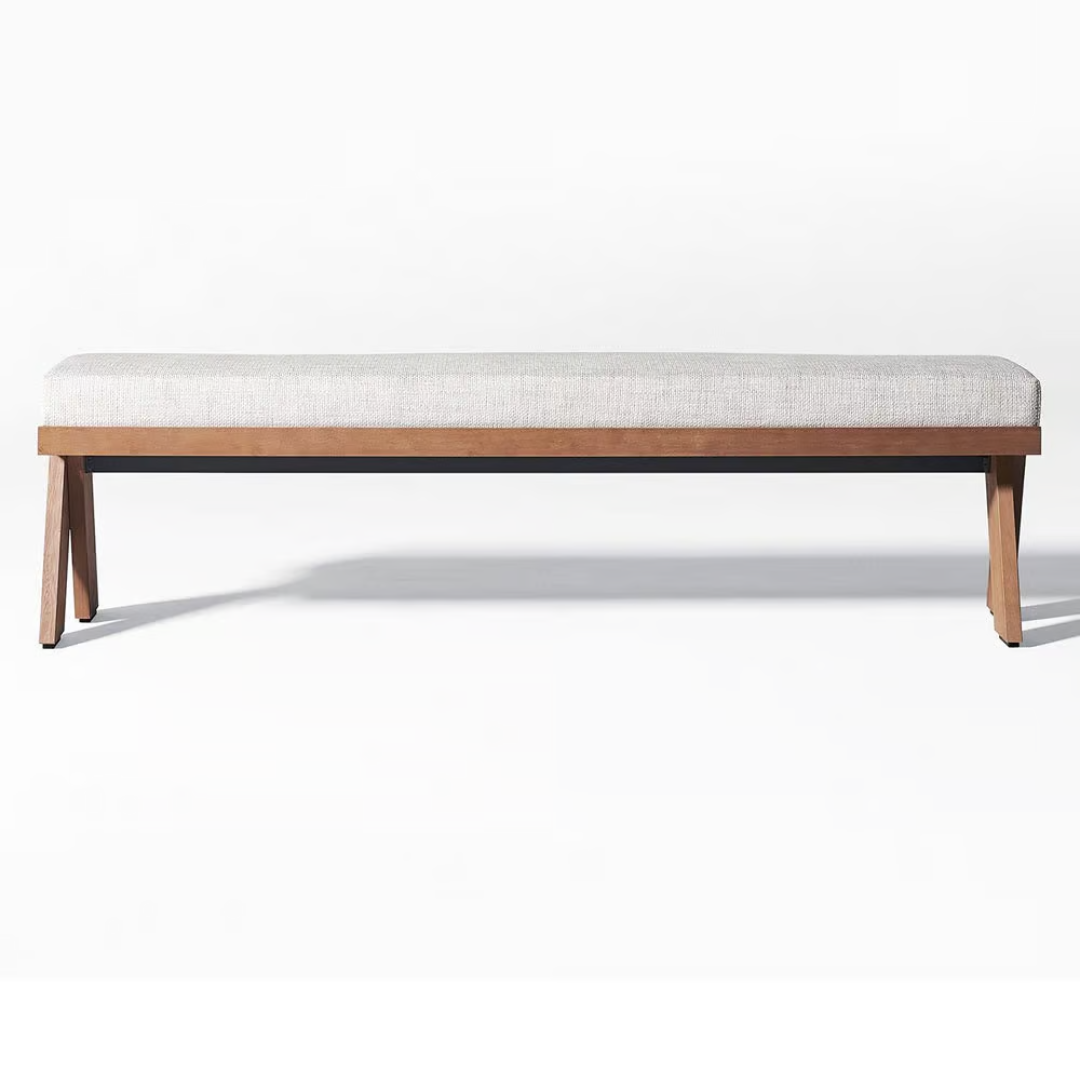 Contemporary outdoor dining table with matching benches, close up to bench, front view, white background