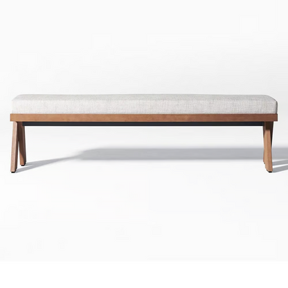 Contemporary outdoor dining table with matching benches, close up to bench, front view, white background