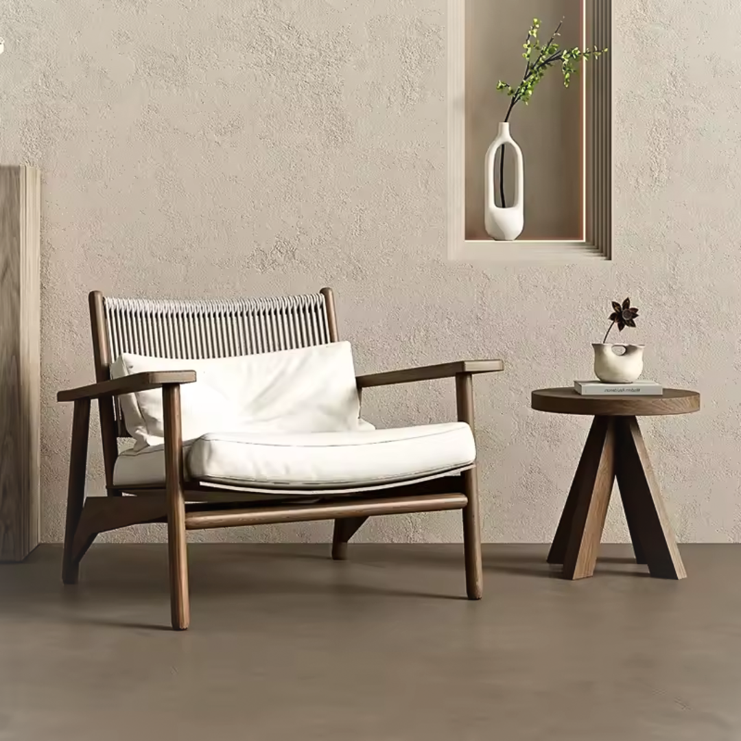 Modern luxury outdoor teak armchair with cushion, in a outdoor patio background, with white cushions.