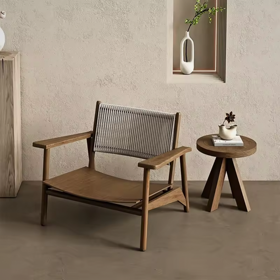 Modern luxury outdoor teak armchair with cushion, in a outdoor patio background, no cushions.