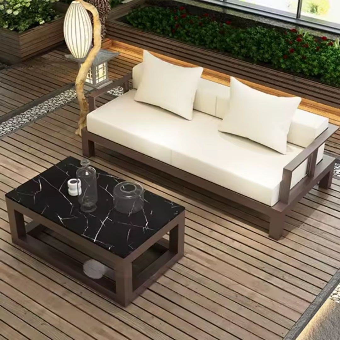 Modern minimalist aluminium garden furniture set, close up of coffee table and double sofa