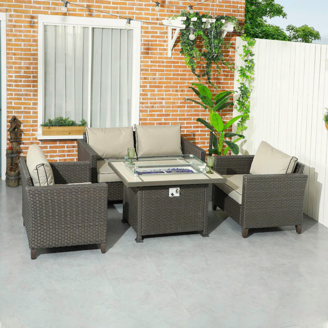 Modern rattan patio set with built-in fire pit table, image shows set placed in an outdoor setting