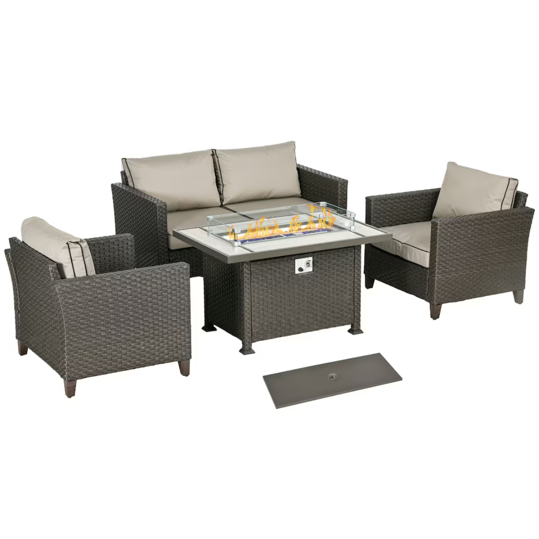 Modern rattan patio set with built-in fire pit table, with white background