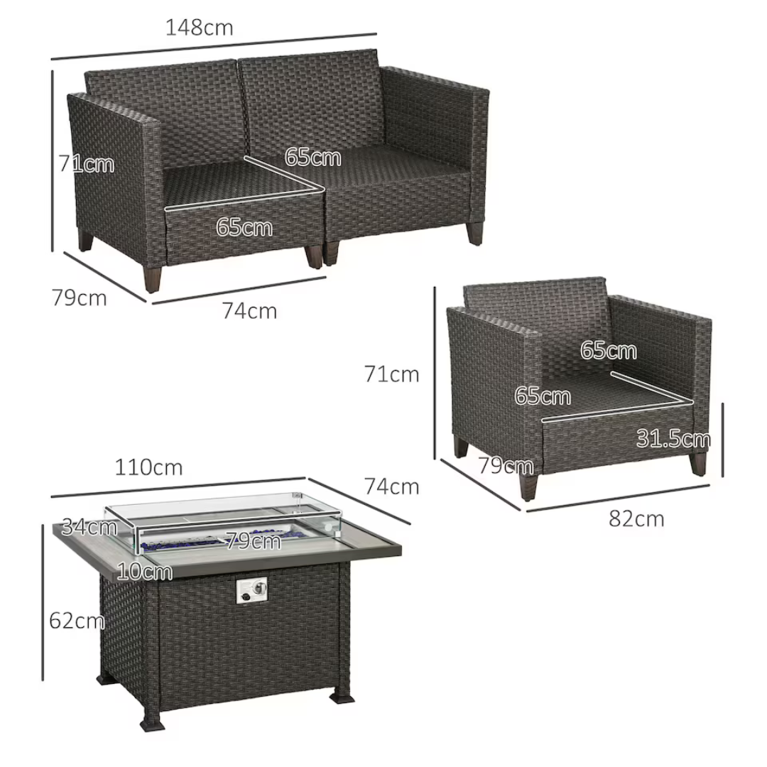 Modern rattan patio set with built-in fire pit table. dimensions