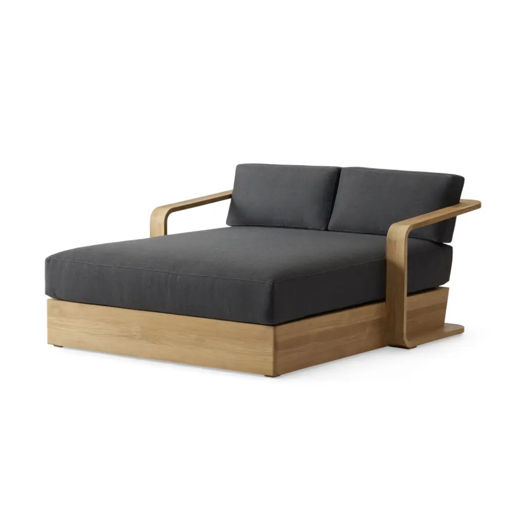 Modern teak double outdoor bed, white background, angled view
