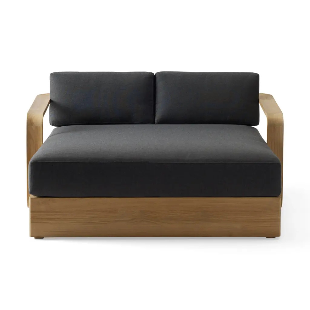 Modern teak double outdoor bed, white background, front view