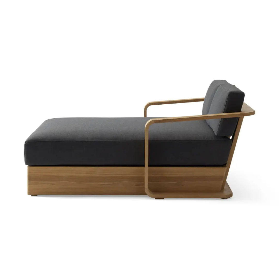 Modern teak double outdoor bed, white background, side view