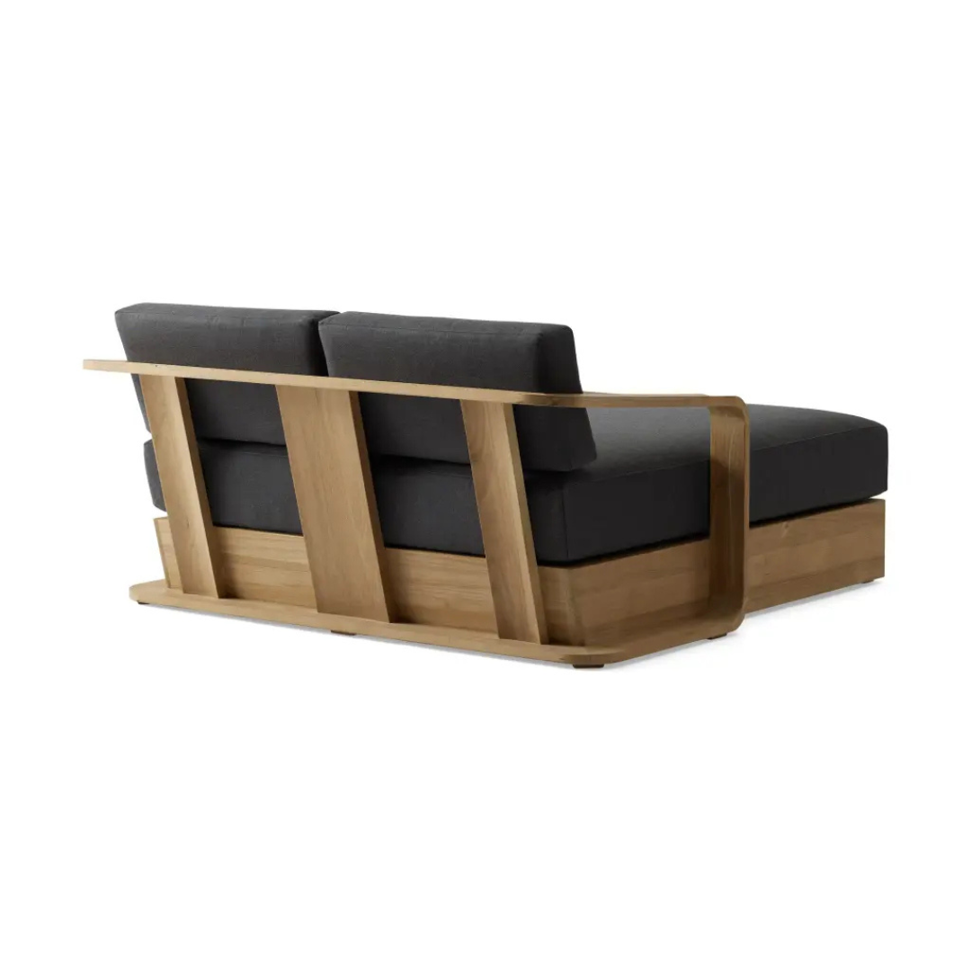 Modern teak double outdoor bed, white background, back view