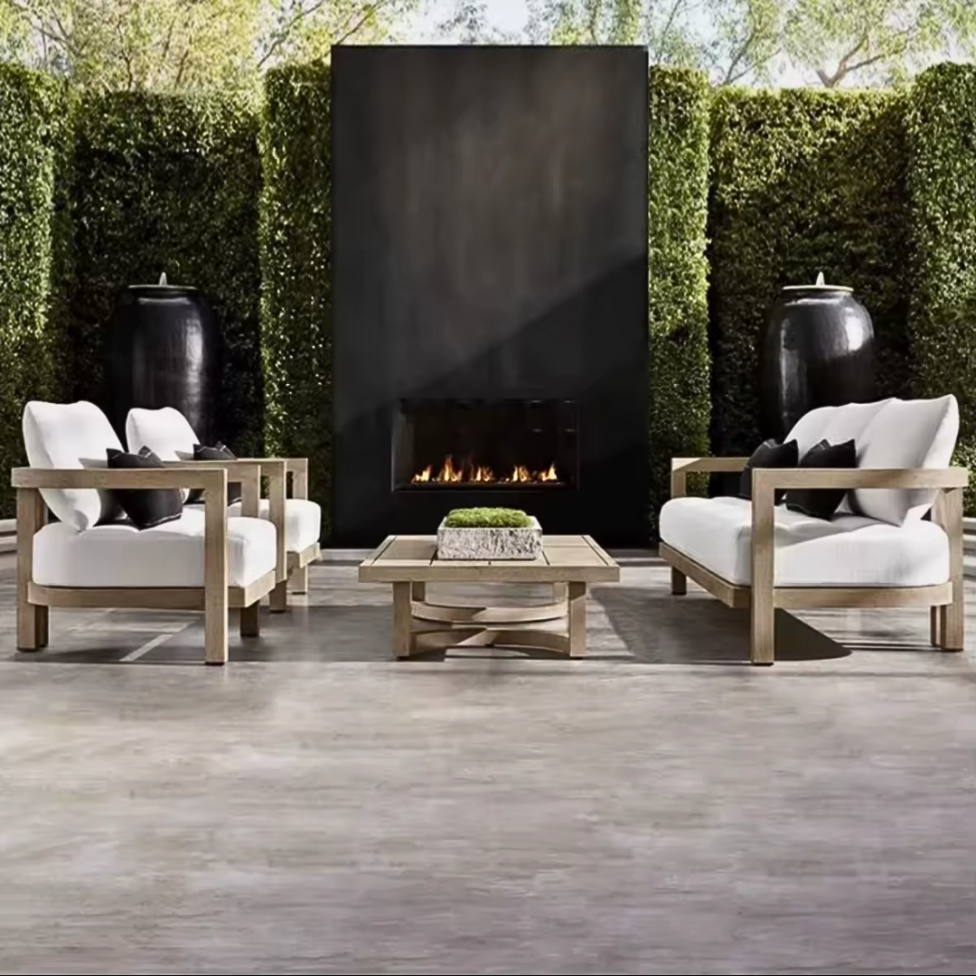 Modern wood garden sofa set with cushions, picture shows the sofa set in a luxury outdoor setting
