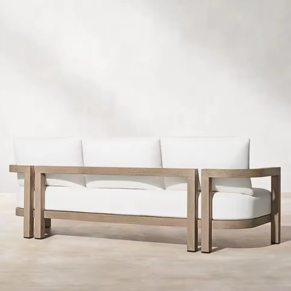 Modern wood garden sofa set with cushions, image shows the back of the 3 seater sofa in a studio background