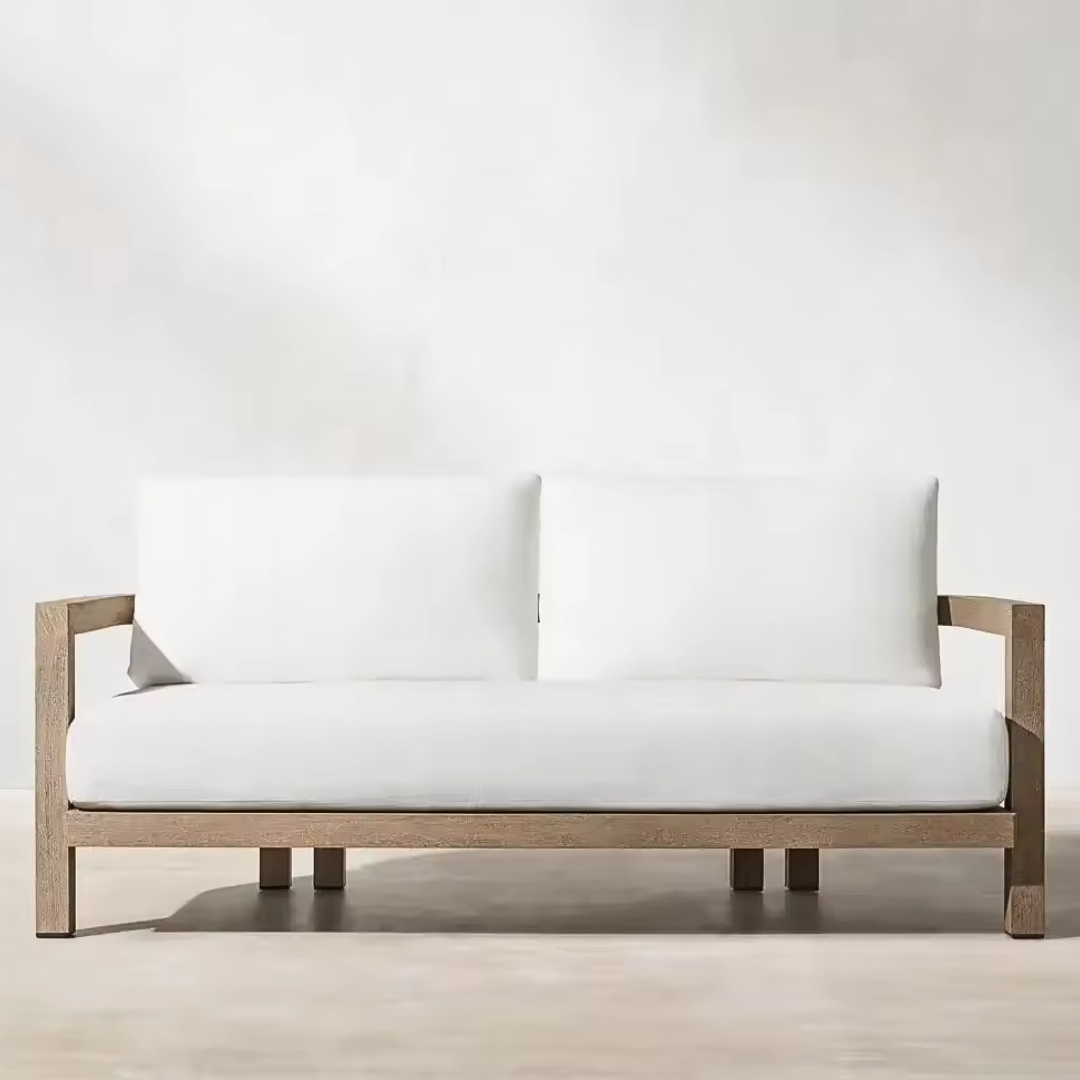 Modern wood garden sofa set with cushions, front view of the 2 seater sofa, in a studio background